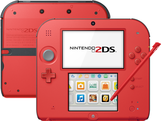 Nintendo 2DS - Crimson Red 2 - Back + Front + Stylus