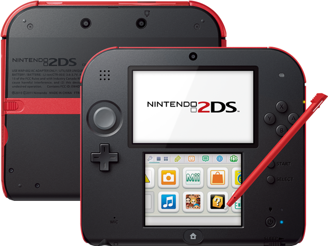Nintendo 2DS - Crimson Red - Back + Front + Stylus