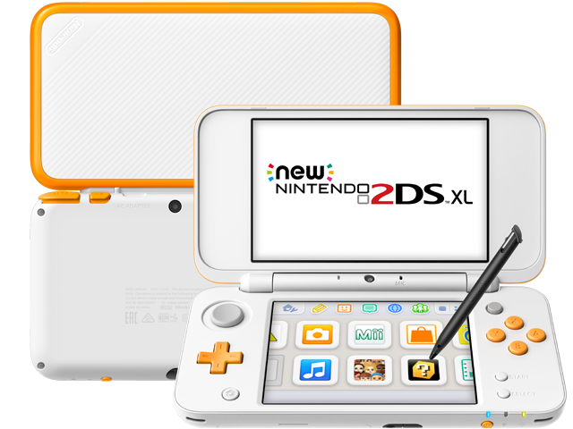 New Nintendo 2DS XL - White + Orange - Back - Front - Stylus